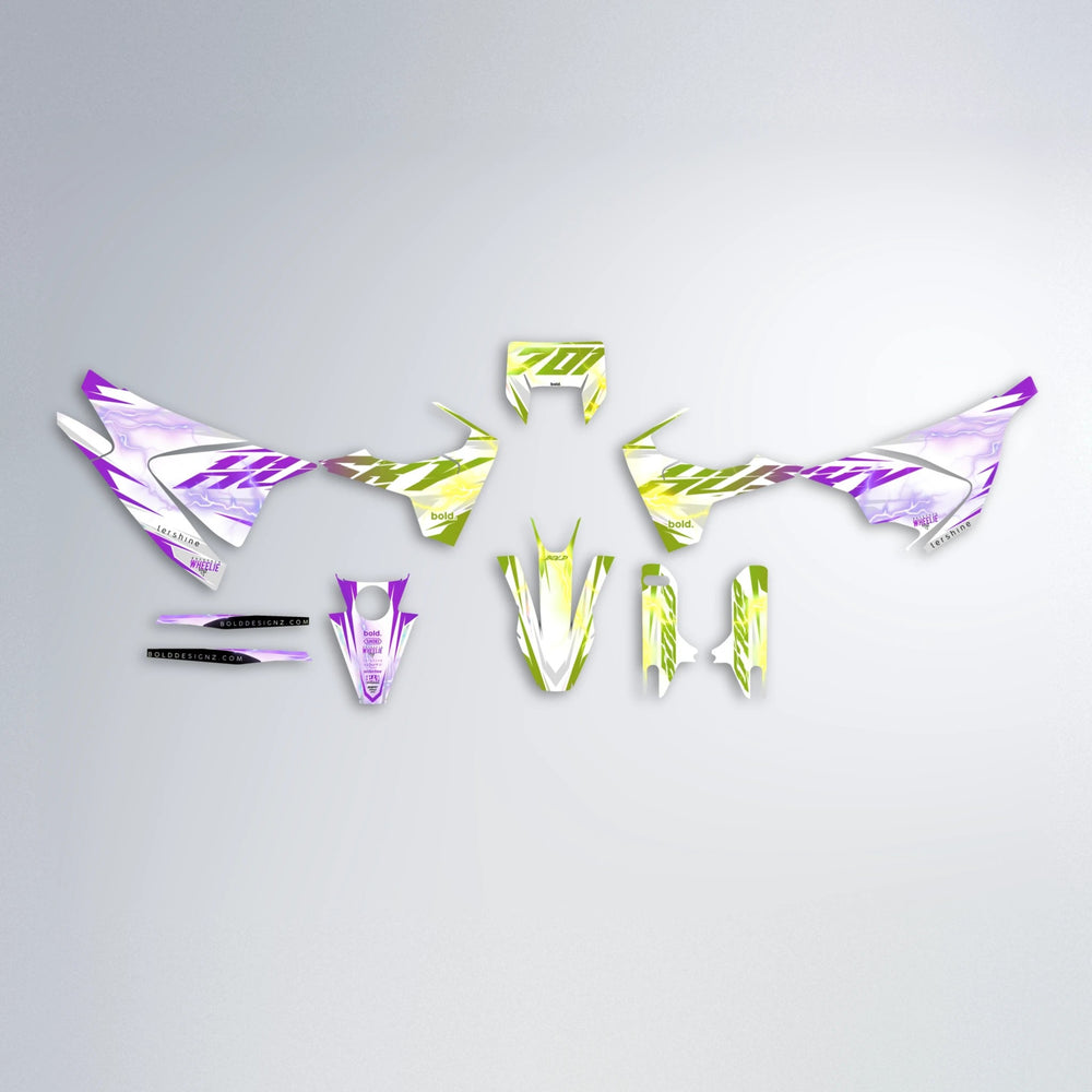 EKKE V2 Husqvarna 701 graphics kit parts layout in Purple & Yellow