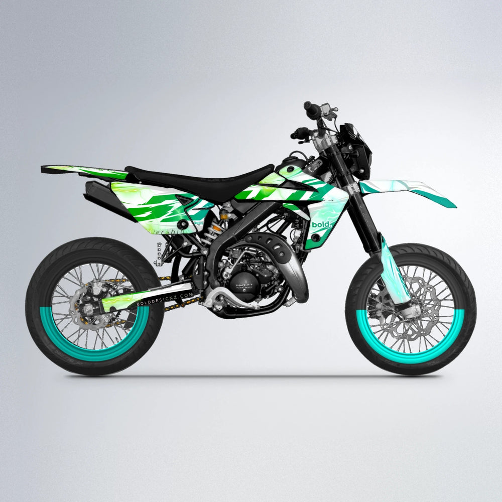 EKKE V2 Rieju MRT supermoto graphics kit in Cyan & Green