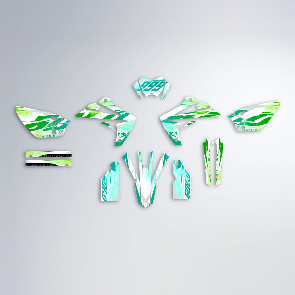 EKKE V2 Rieju MRT graphics kit parts layout in Cyan & Green