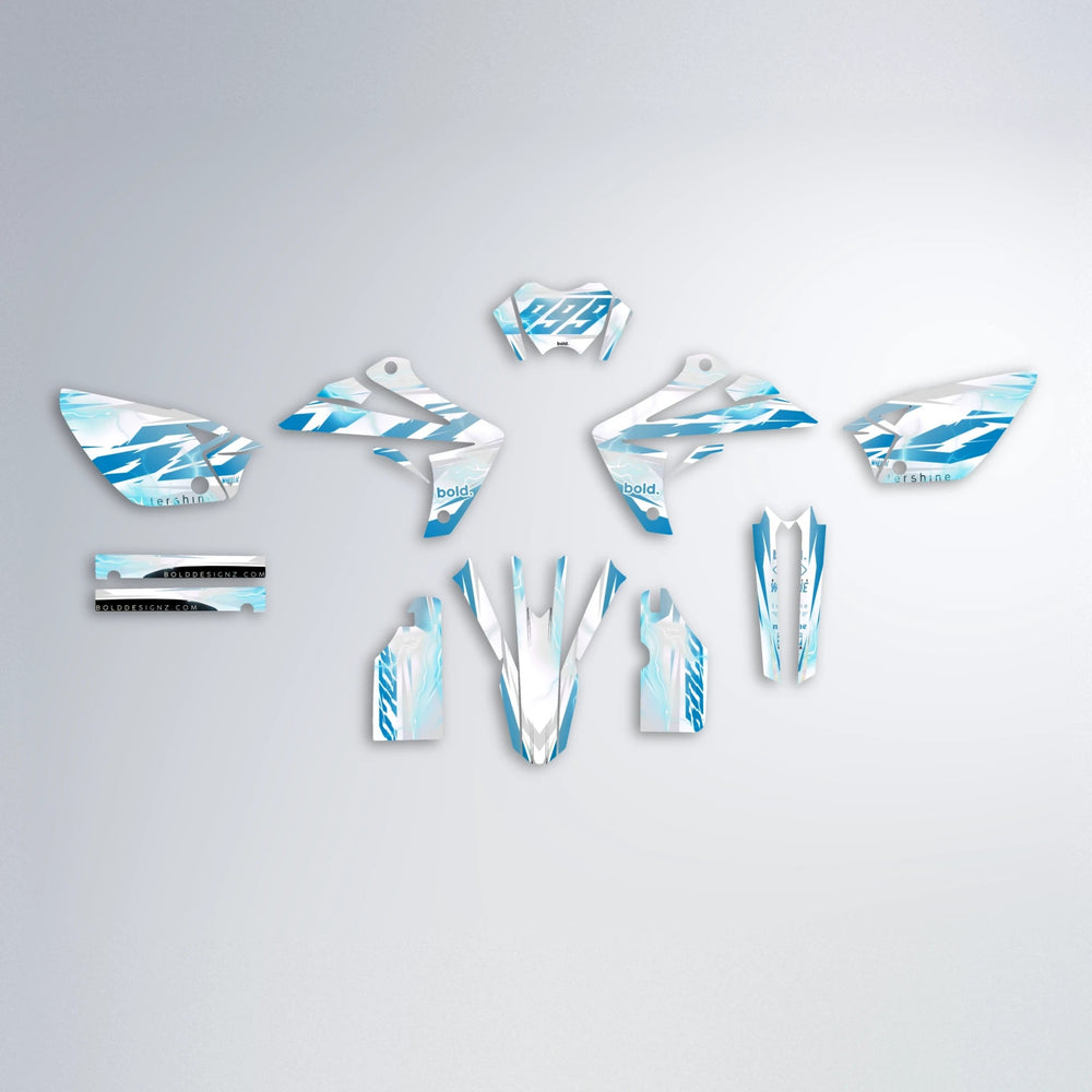 EKKE V2 Rieju MRT graphics kit parts layout in Light Blue & White