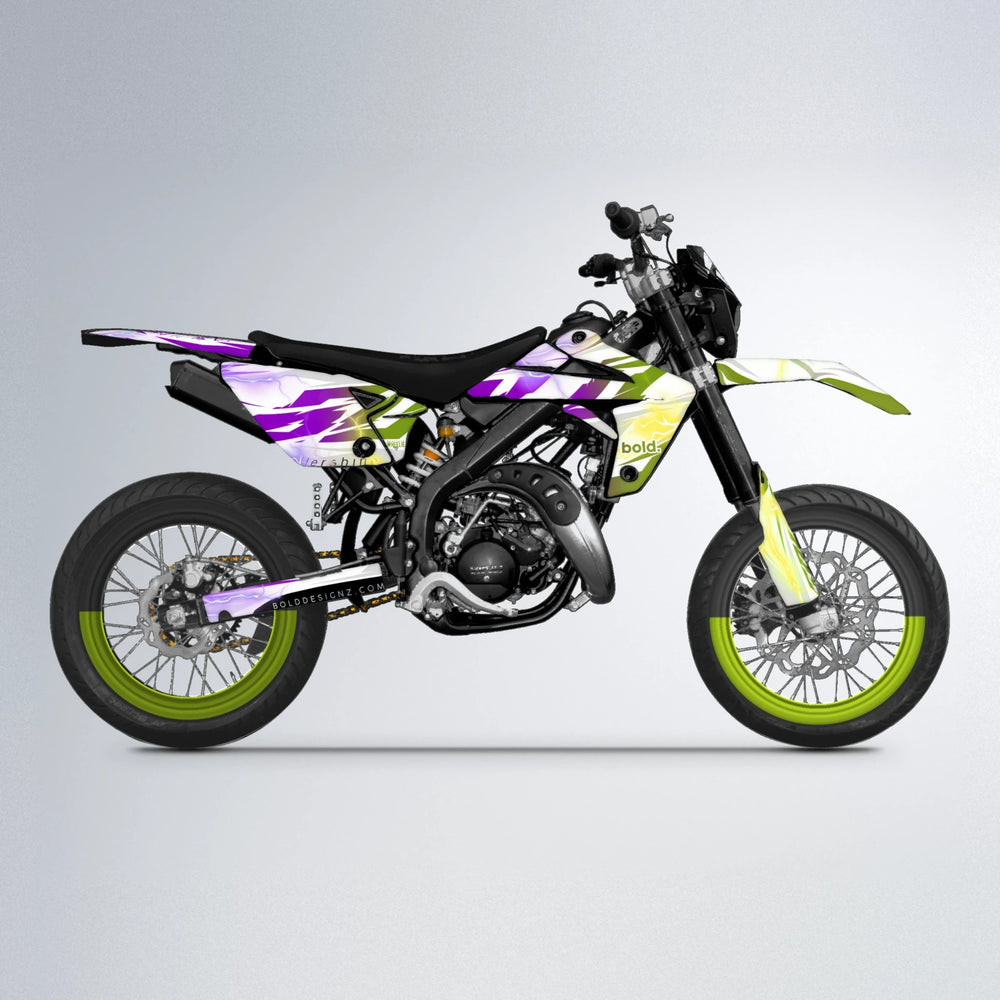 EKKE V2 Rieju MRT supermoto graphics kit in Purple & Yellow