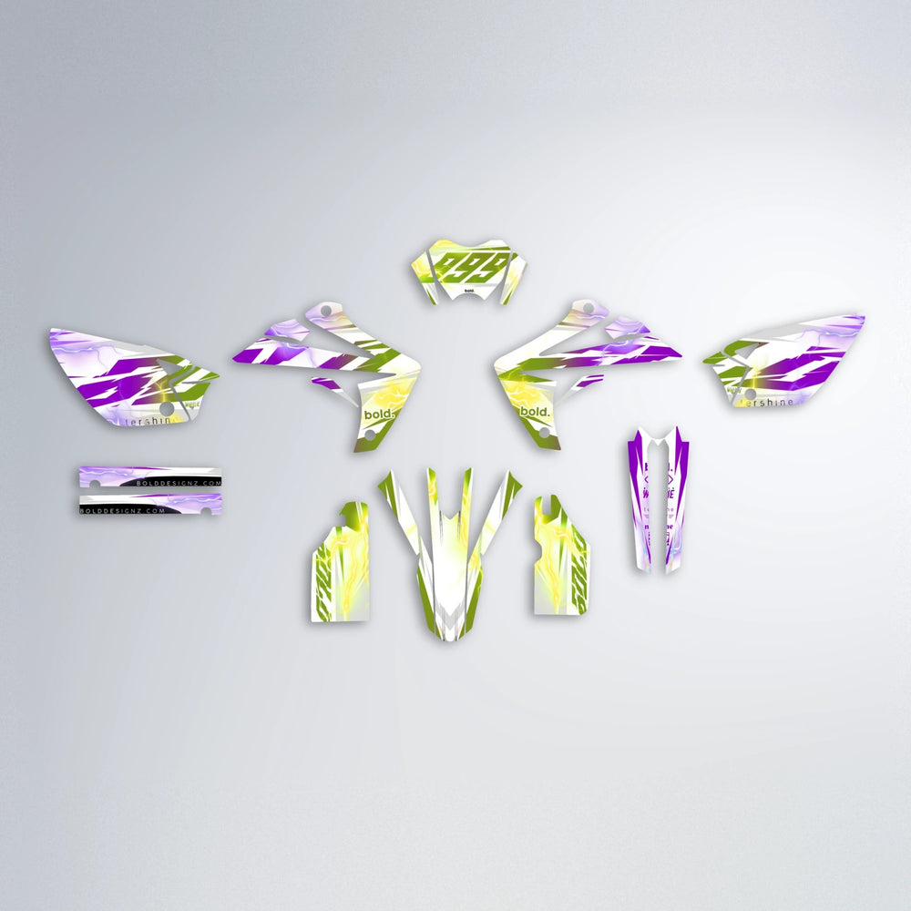 EKKE V2 Rieju MRT graphics kit parts layout in Purple & Yellow