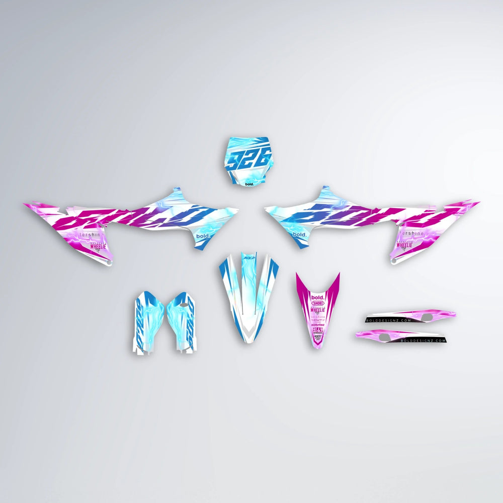 EKKE V2 Stark Varg MX graphics kit parts layout in Pink & Light Blue
