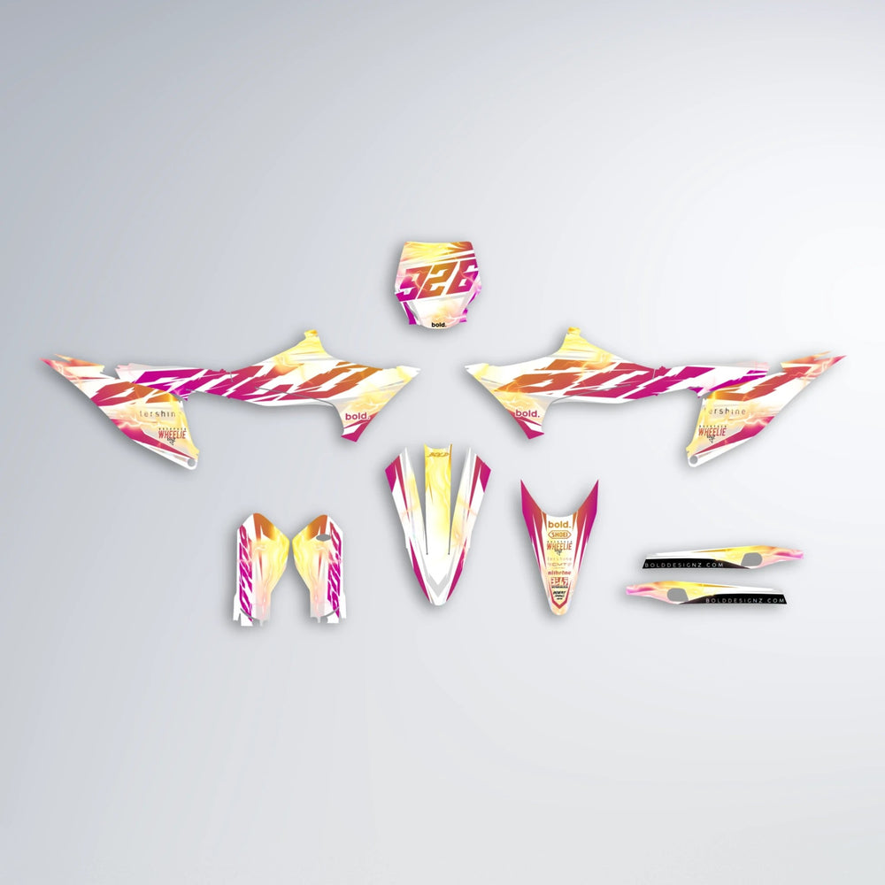 EKKE V2 Stark Varg MX graphics kit parts layout in Pink & Yellow