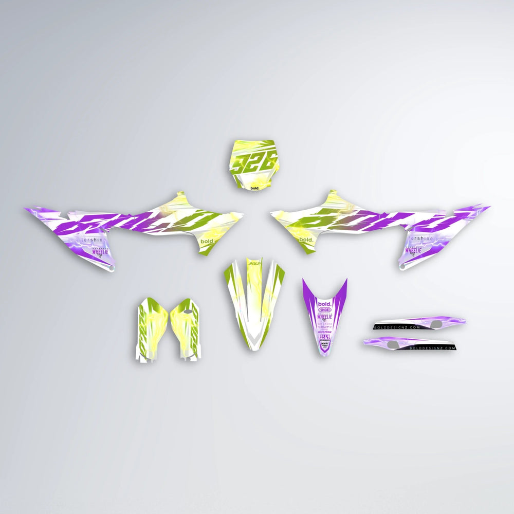 EKKE V2 Stark Varg MX graphics kit parts layout in Purple & Yellow