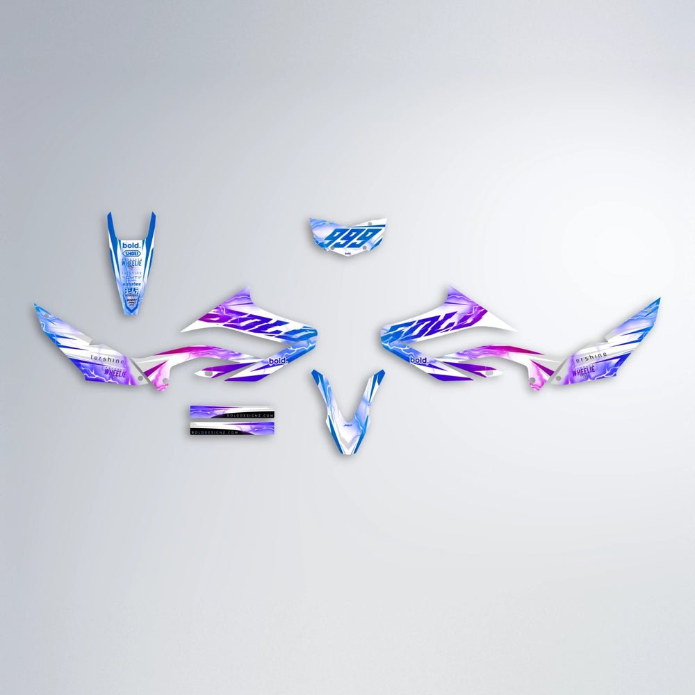 EKKE V2 Yamaha WR 125X graphics kit parts layout in Blue Purple Fade
