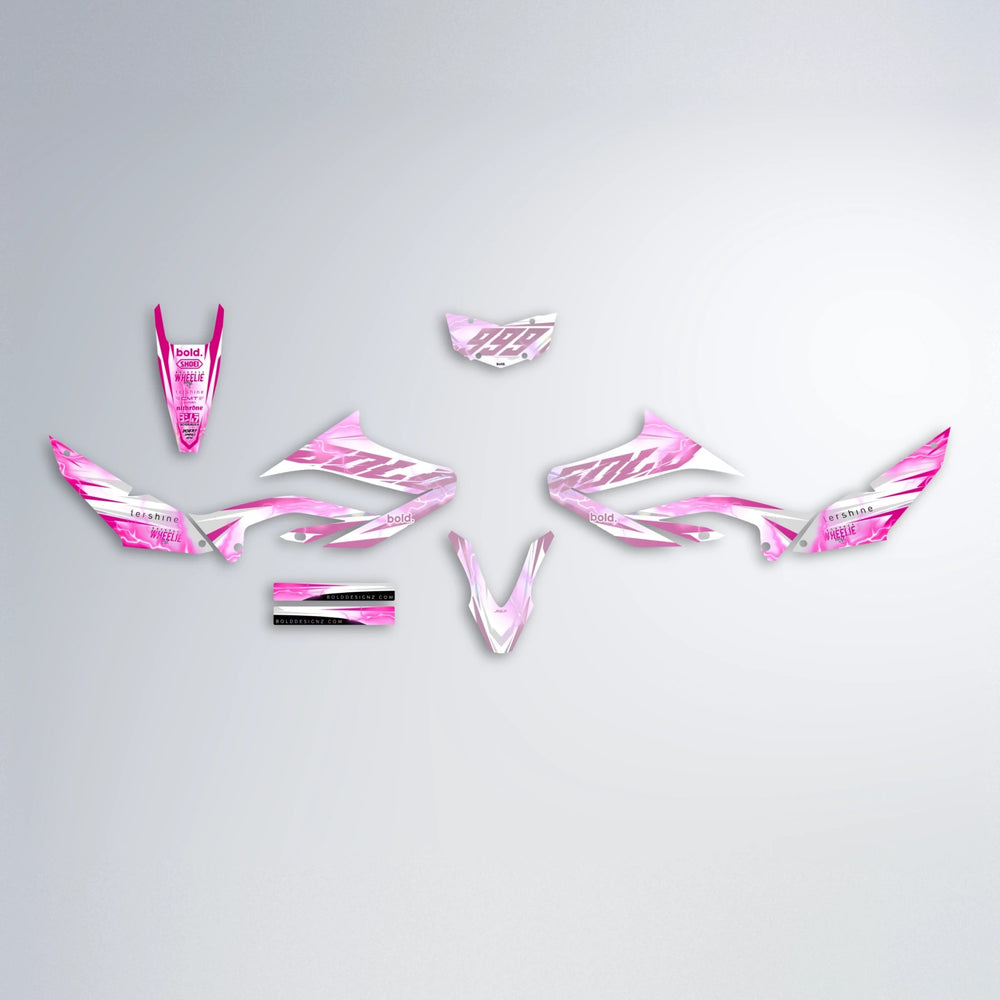 EKKE V2 Yamaha WR 125X graphics kit parts layout in Flamingo