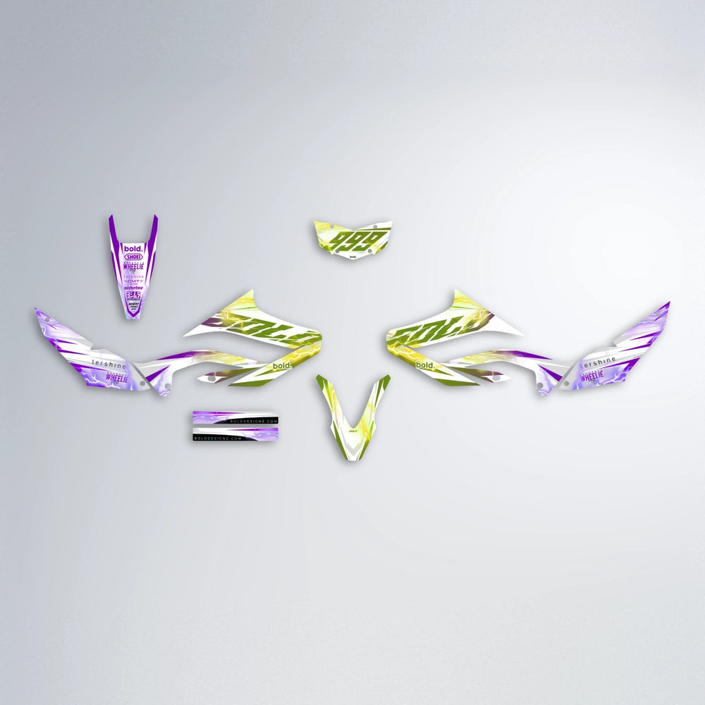 EKKE V2 Yamaha WR 125X graphics kit parts layout in Purple & Yellow