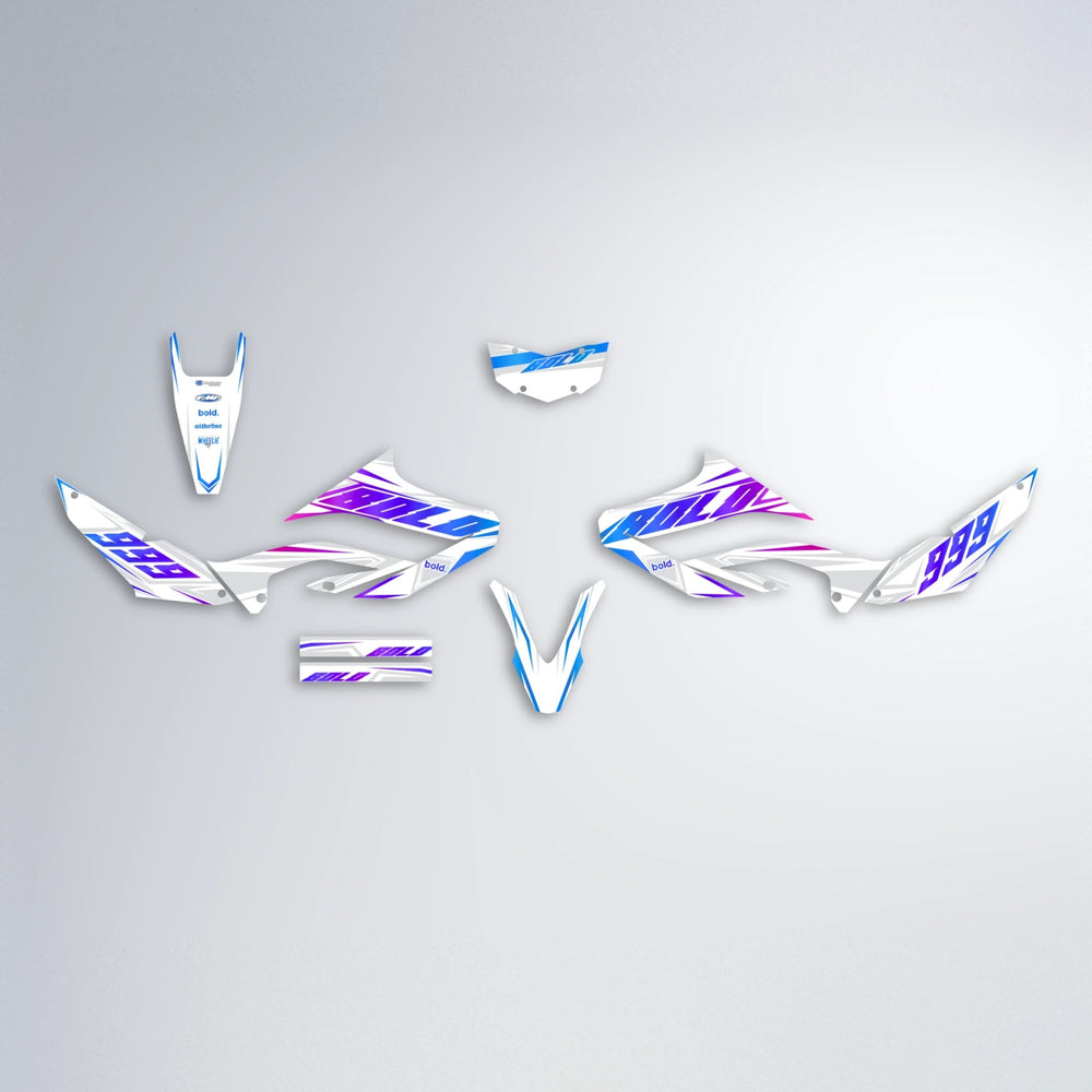EKKE Yamaha WR 125X graphics kit parts layout in Blue Purple Fade