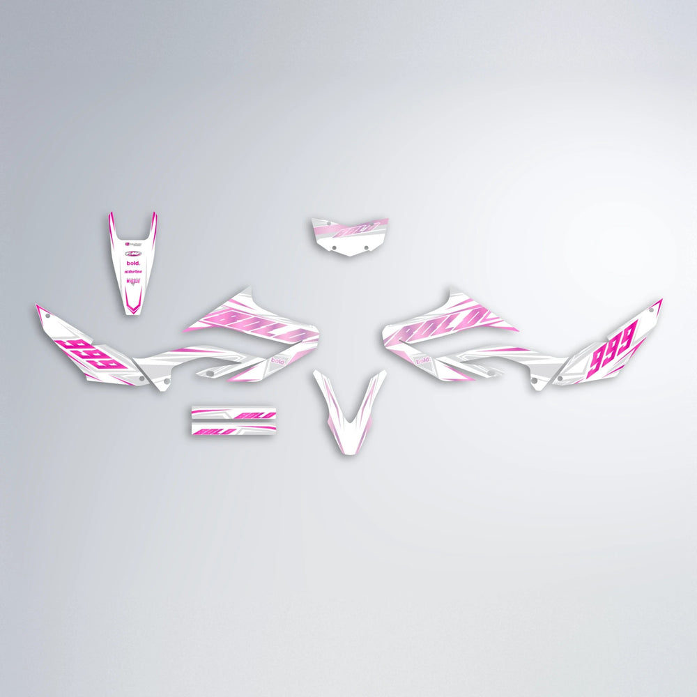 EKKE Yamaha WR 125X graphics kit parts layout in Flamingo