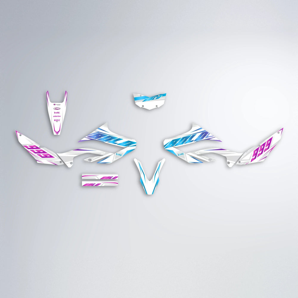 EKKE Yamaha WR 125X graphics kit parts layout in Pink & Light Blue