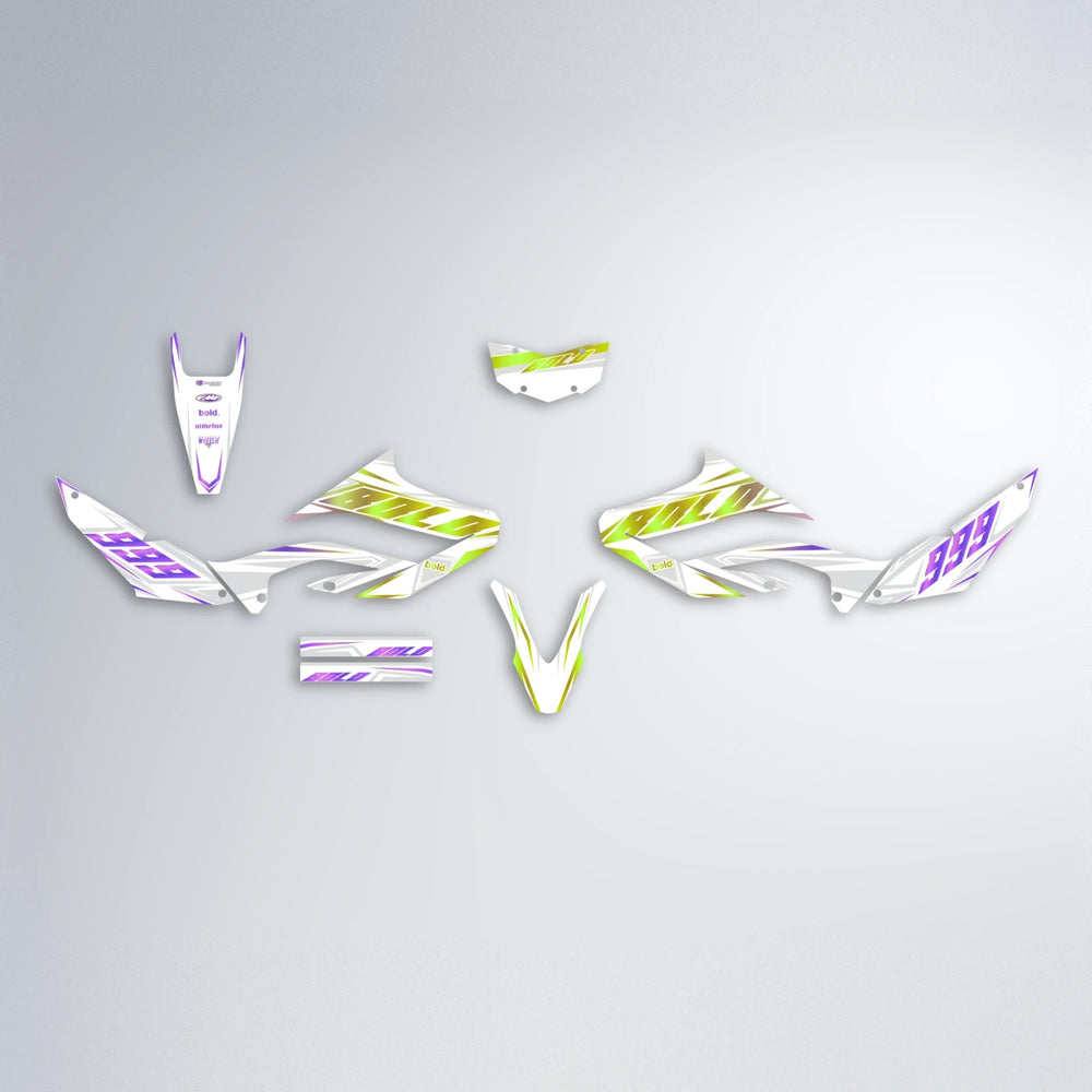 EKKE Yamaha WR 125X graphics kit parts layout in Purple & Yellow