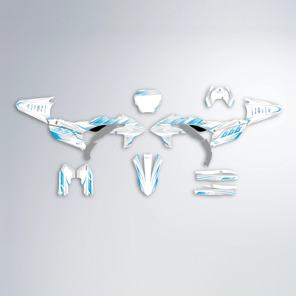 EKKE Yamaha YZF MX graphics kit parts layout in Light Blue & White