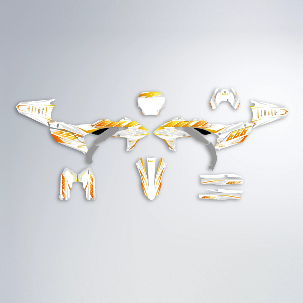 EKKE Yamaha YZF MX graphics kit parts layout in Orange & Yellow