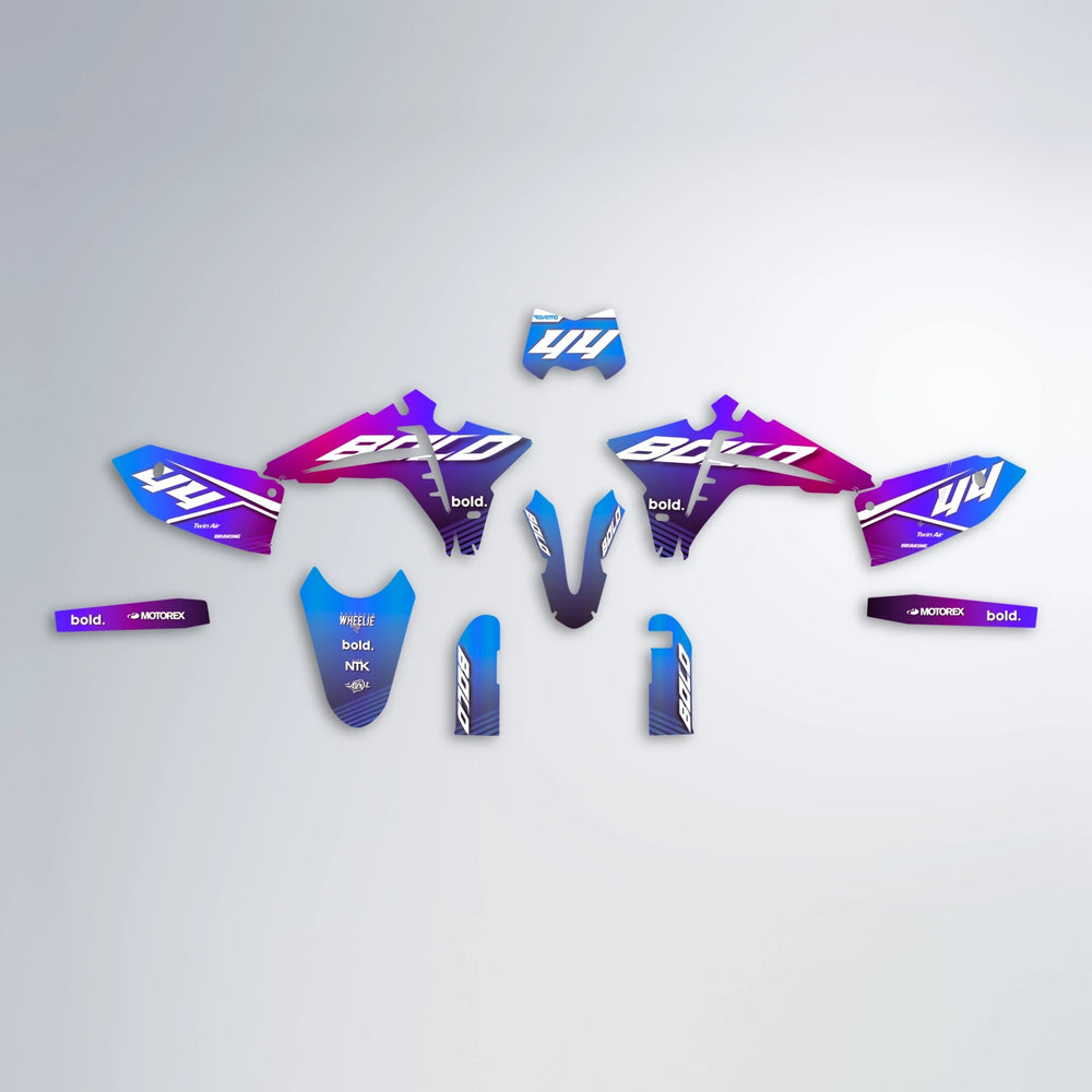 EMBER Fantic graphics kit parts layout in Blue Purple Fade