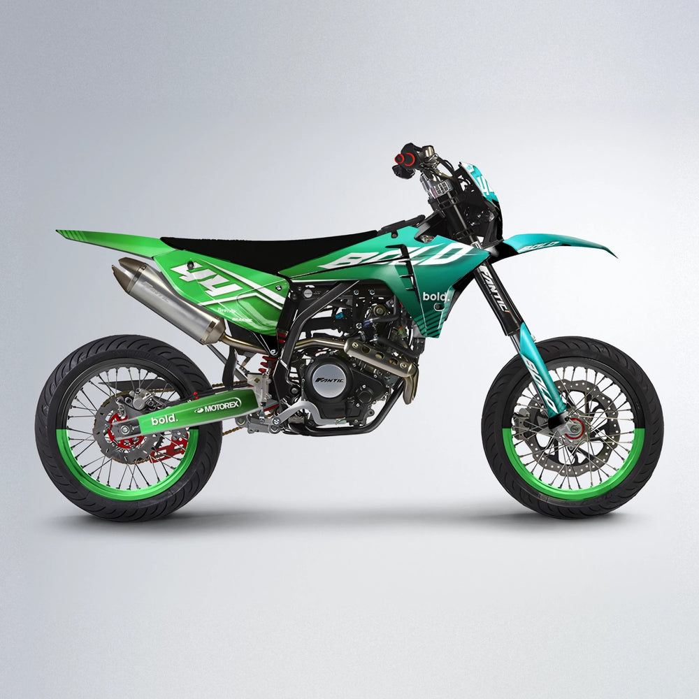 EMBER Fantic supermoto graphics kit in Cyan & Green