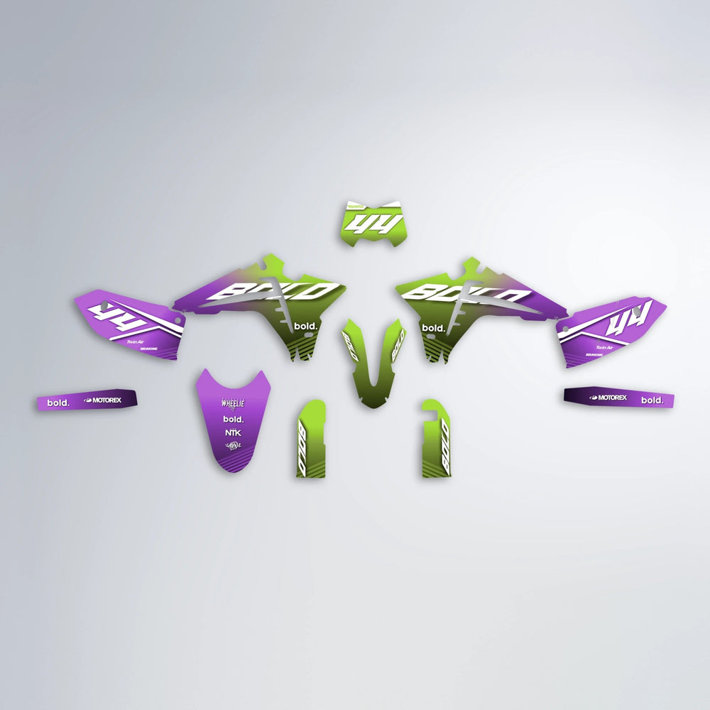EMBER Fantic graphics kit parts layout in Purple & Yellow