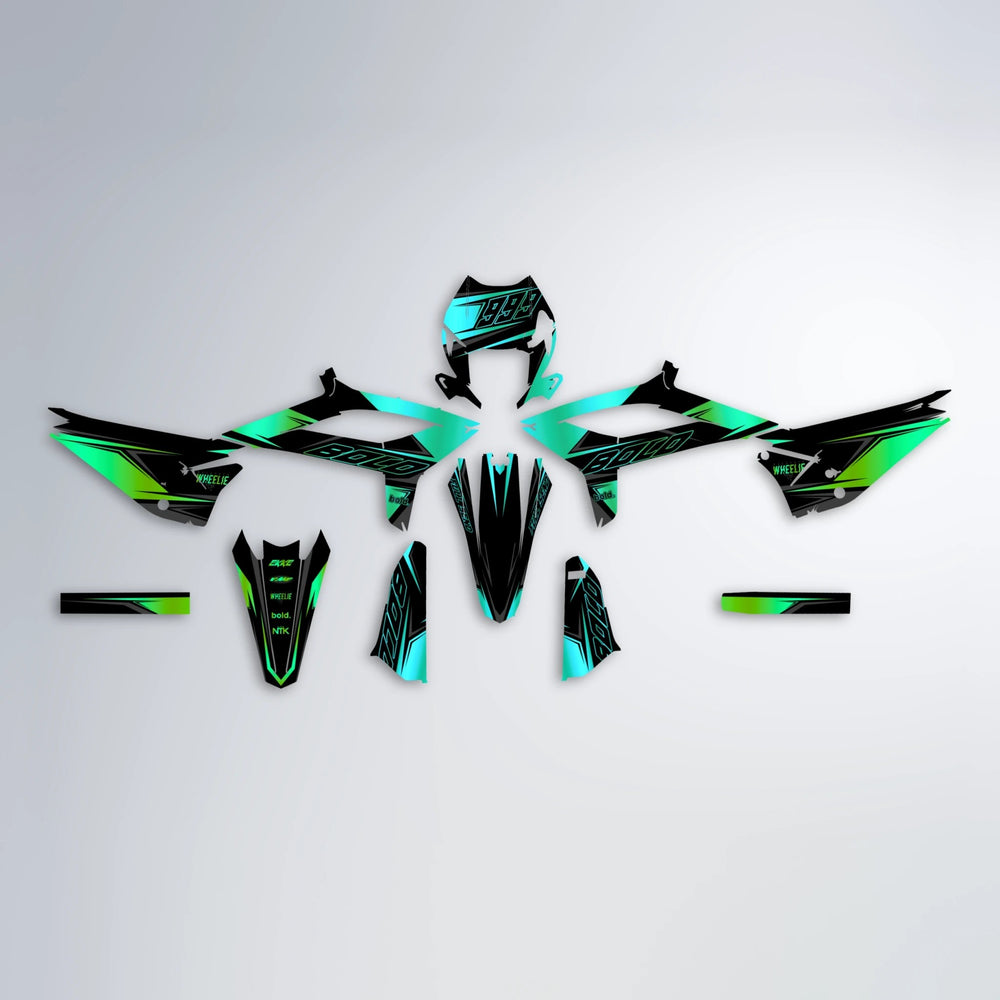 EVO Beta graphics kit parts layout in Cyan & Green