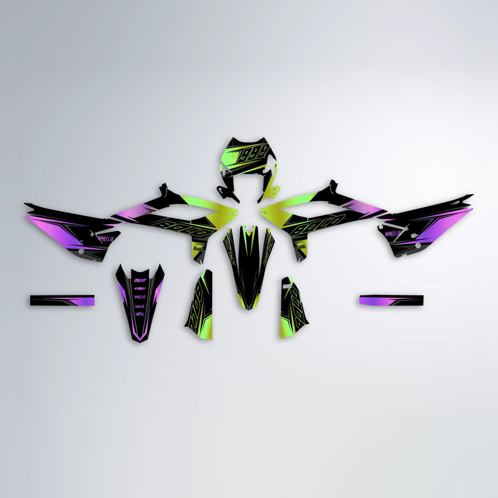 EVO Beta graphics kit parts layout in Purple & Yellow