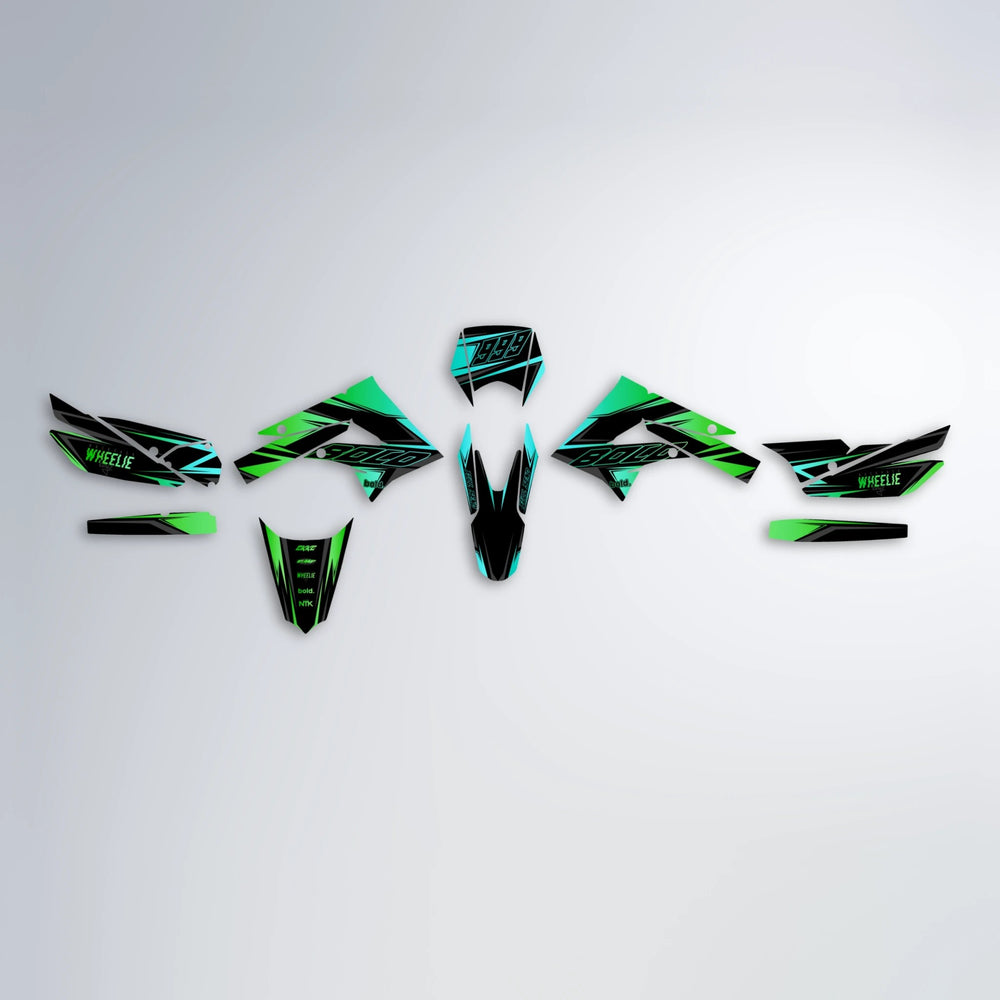 EVO Derbi Senda graphics kit parts layout in Cyan & Green