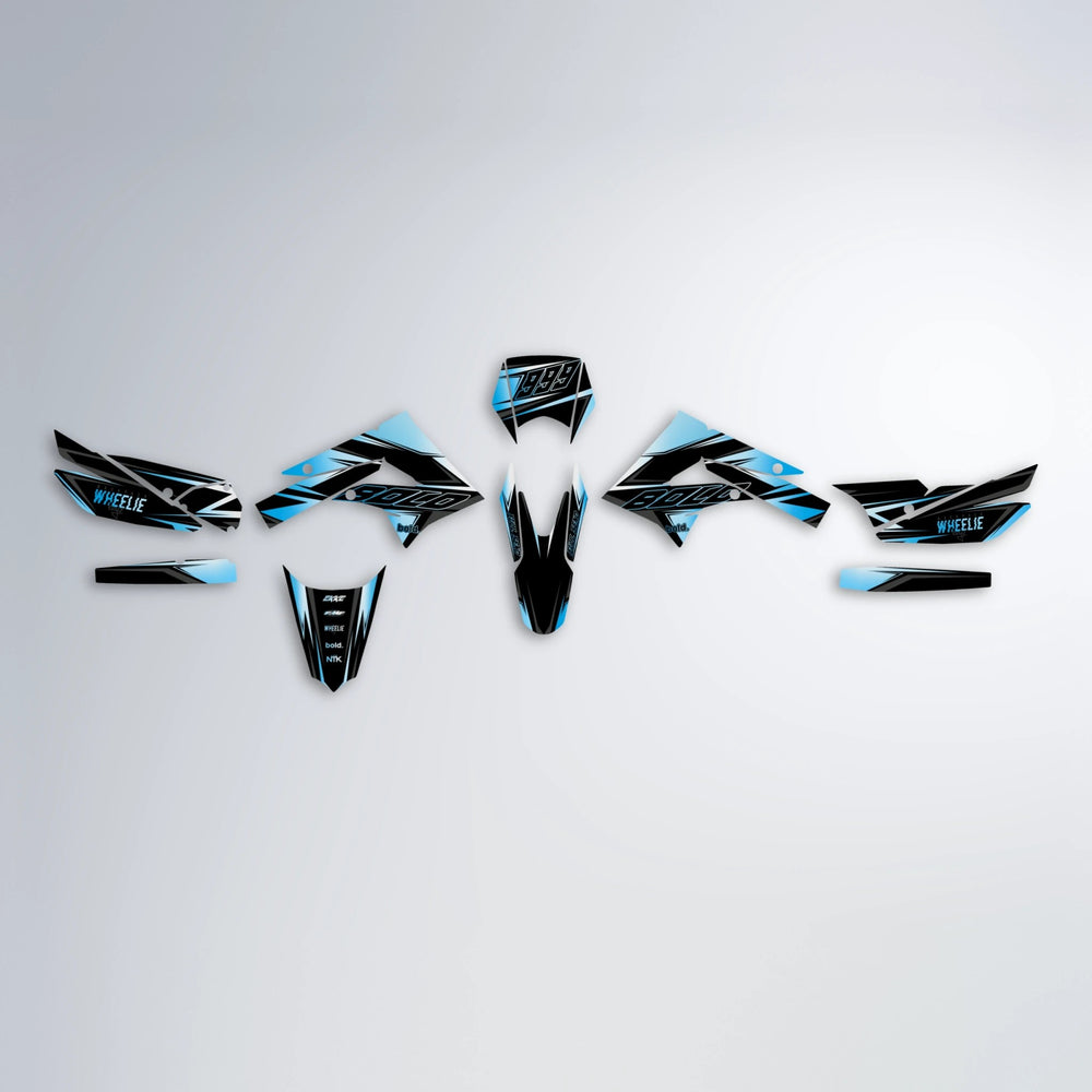 EVO Derbi Senda graphics kit parts layout in Light Blue & White