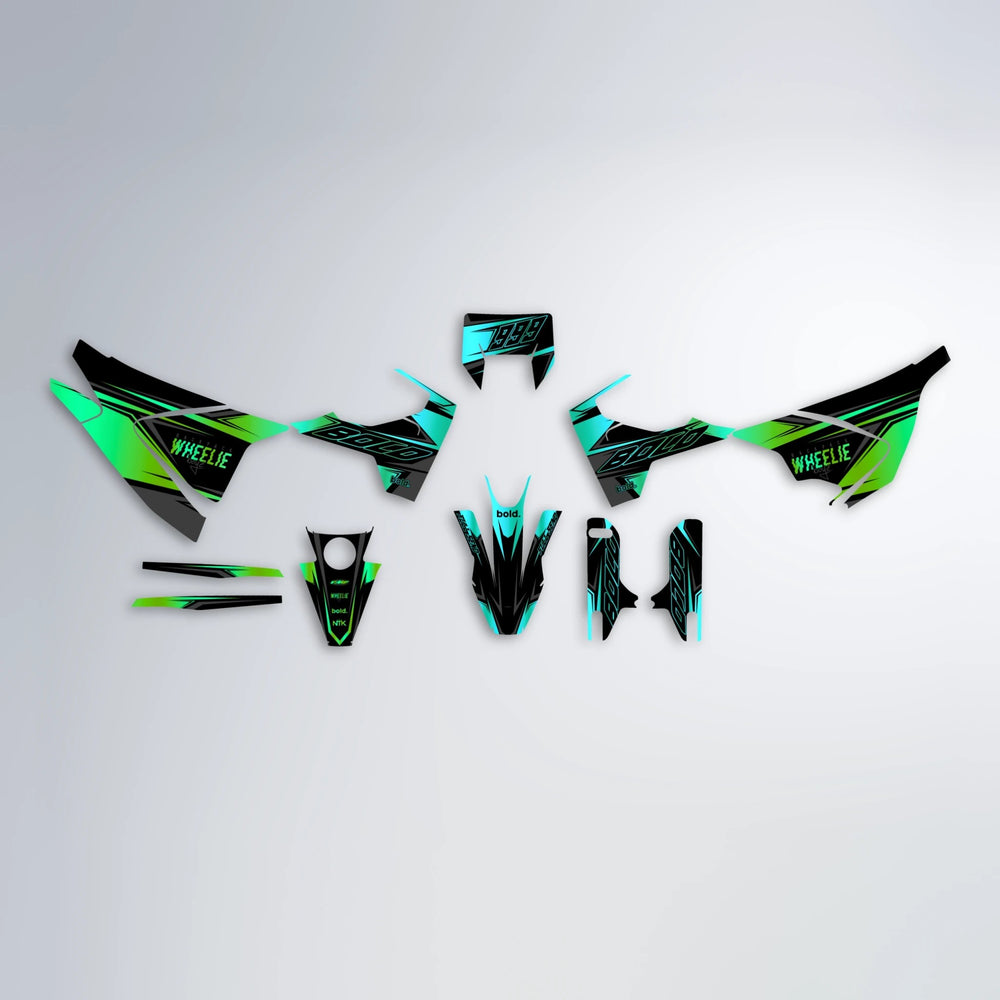 EVO Husqvarna 701 graphics kit parts layout in Cyan & Green
