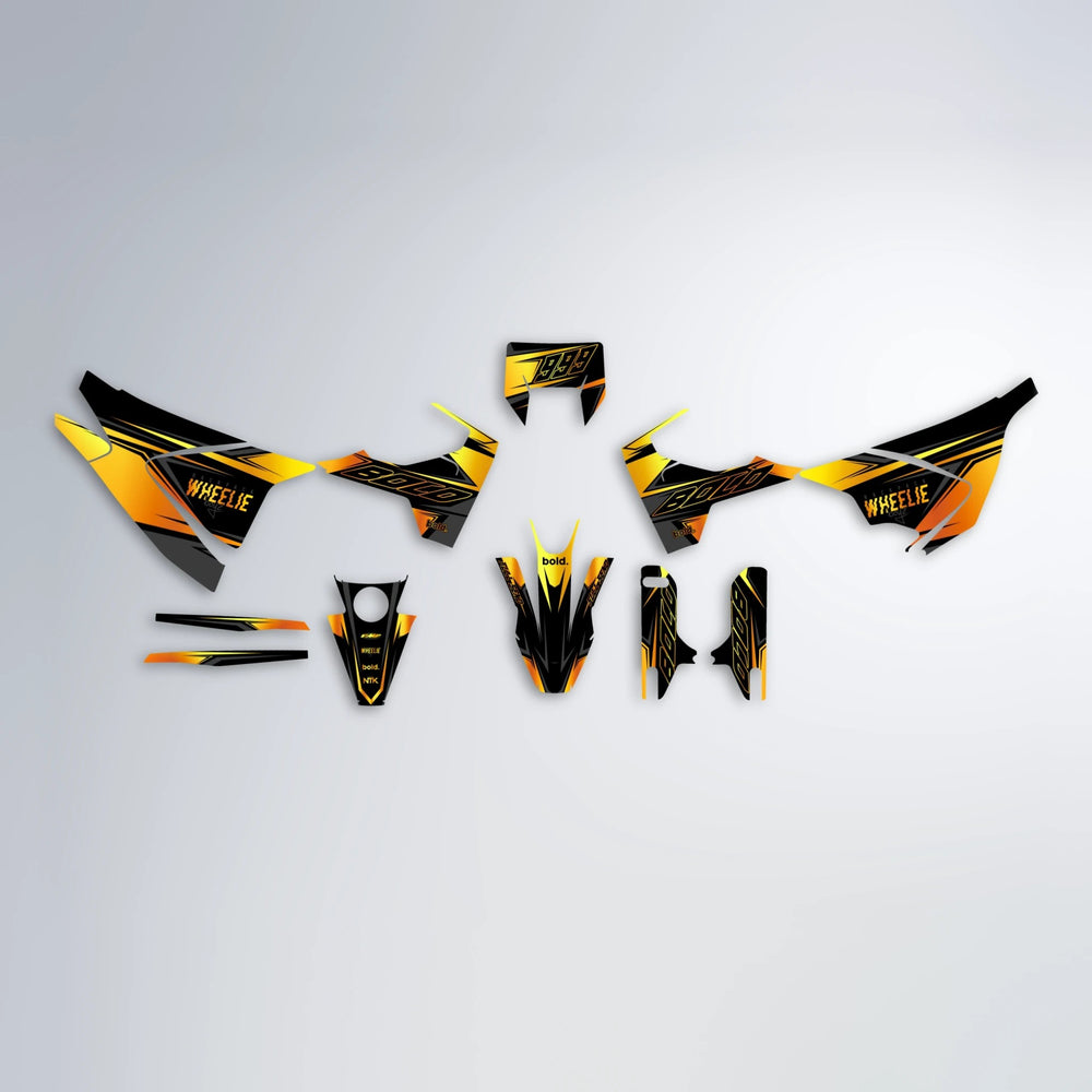 EVO Husqvarna 701 graphics kit parts layout in Orange & Yellow