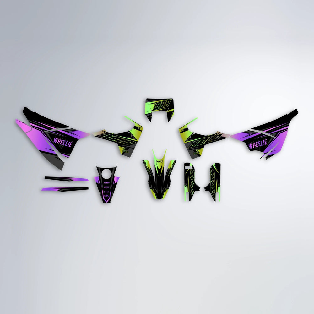 EVO Husqvarna 701 graphics kit parts layout in Purple & Yellow