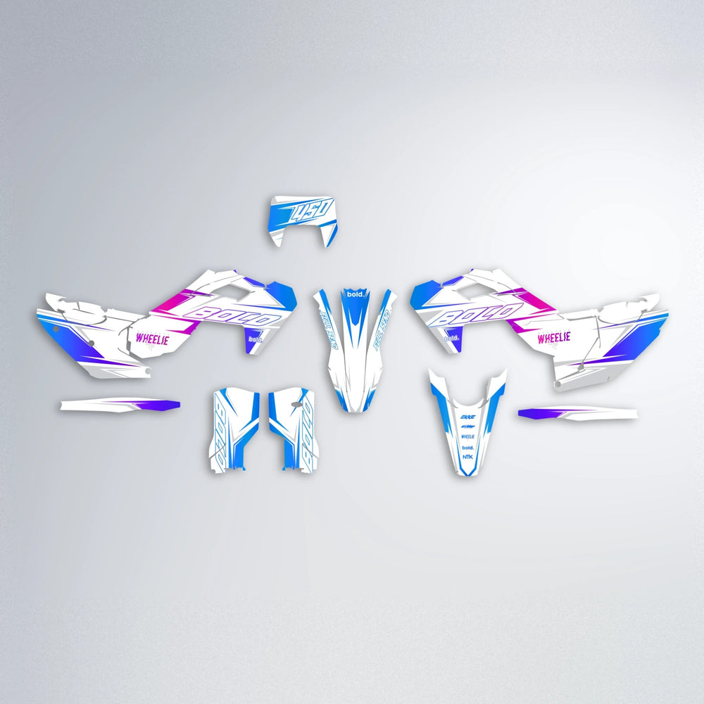 EVO Husqvarna FE/TE graphics kit parts layout in Blue Purple Fade