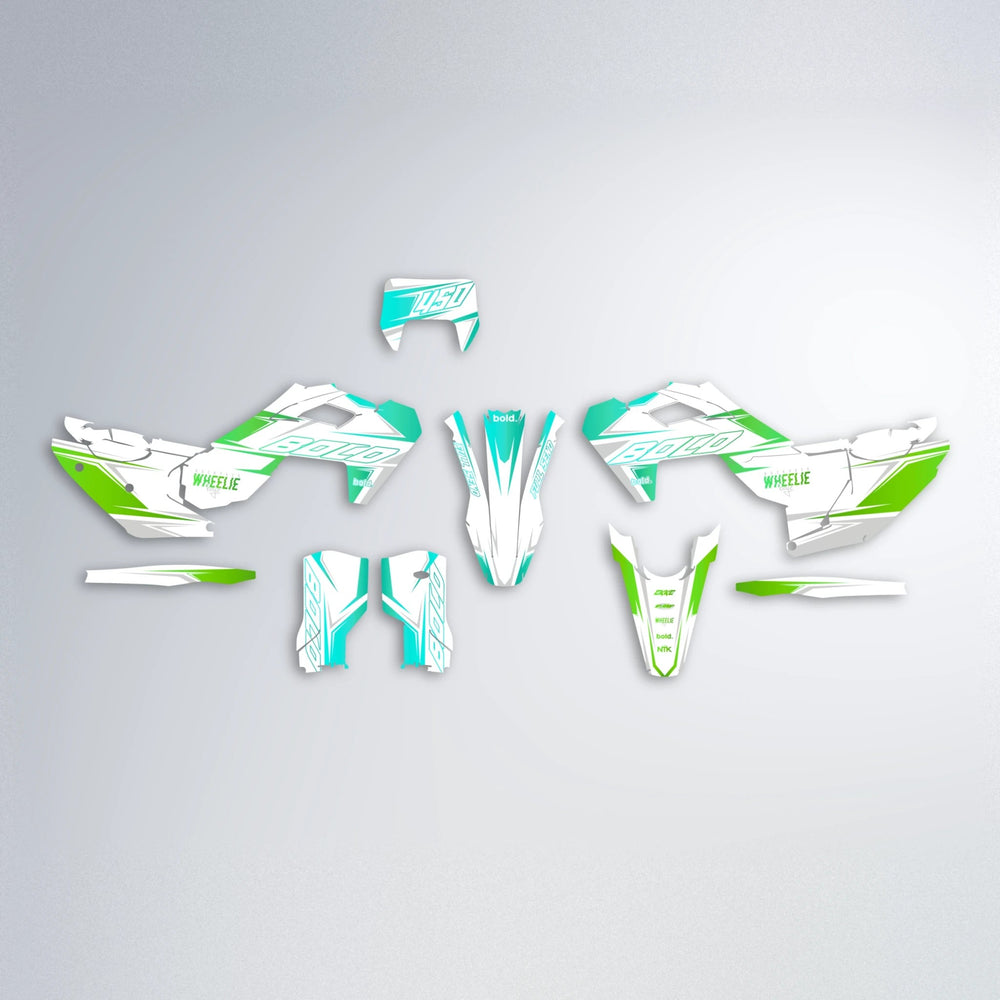 EVO Husqvarna FE/TE graphics kit parts layout in Cyan & Green