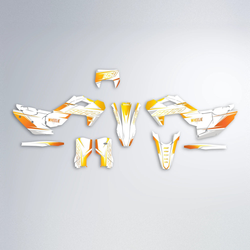 EVO Husqvarna FE/TE graphics kit parts layout in Orange & Yellow