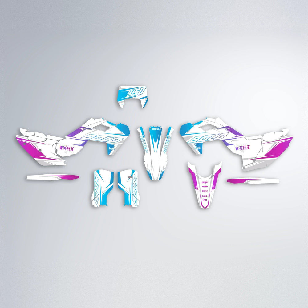 EVO Husqvarna FE/TE graphics kit parts layout in Pink & Light Blue