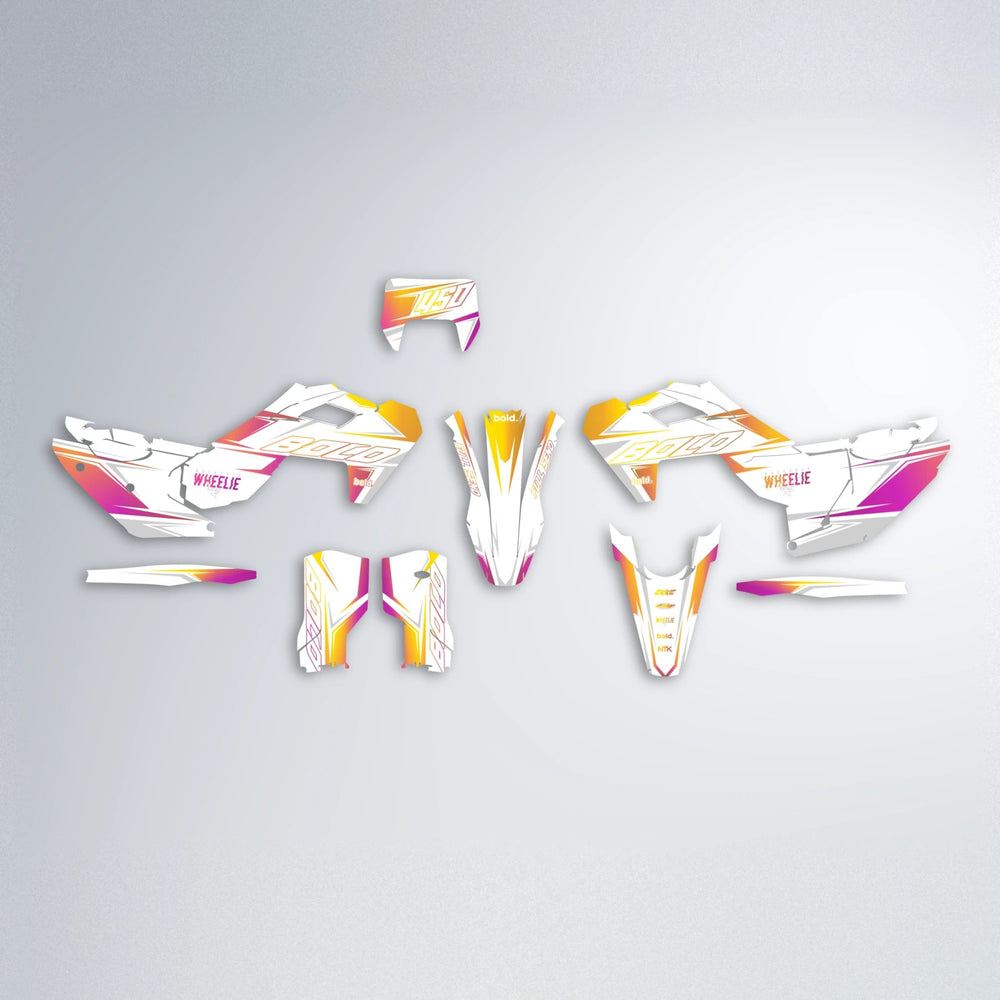 EVO Husqvarna FE/TE graphics kit parts layout in Pink & Yellow