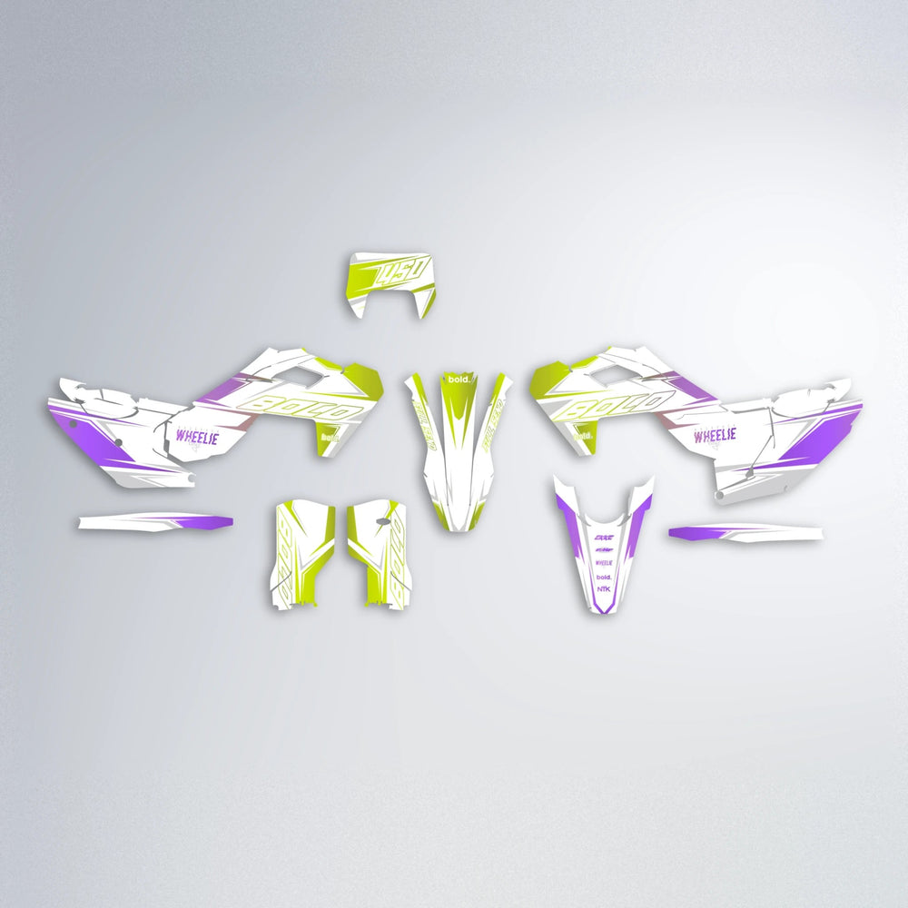 EVO Husqvarna FE/TE graphics kit parts layout in Purple & Yellow