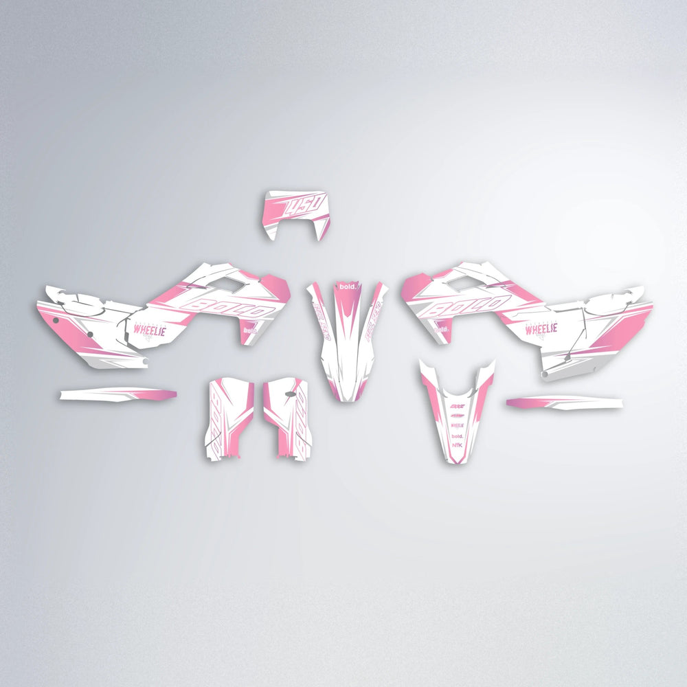 EVO Husqvarna FE/TE graphics kit parts layout in Sakura Pink