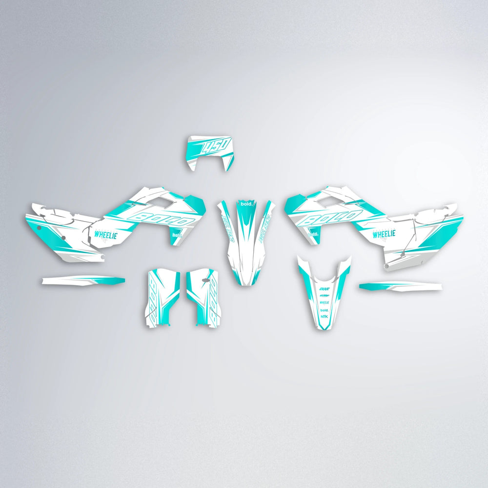 EVO Husqvarna FE/TE graphics kit parts layout in Teal