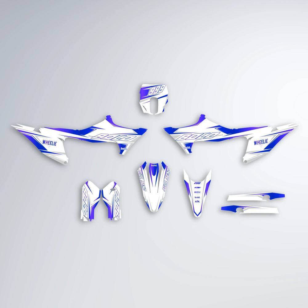 EVO Stark Varg MX graphics kit parts layout in Blue