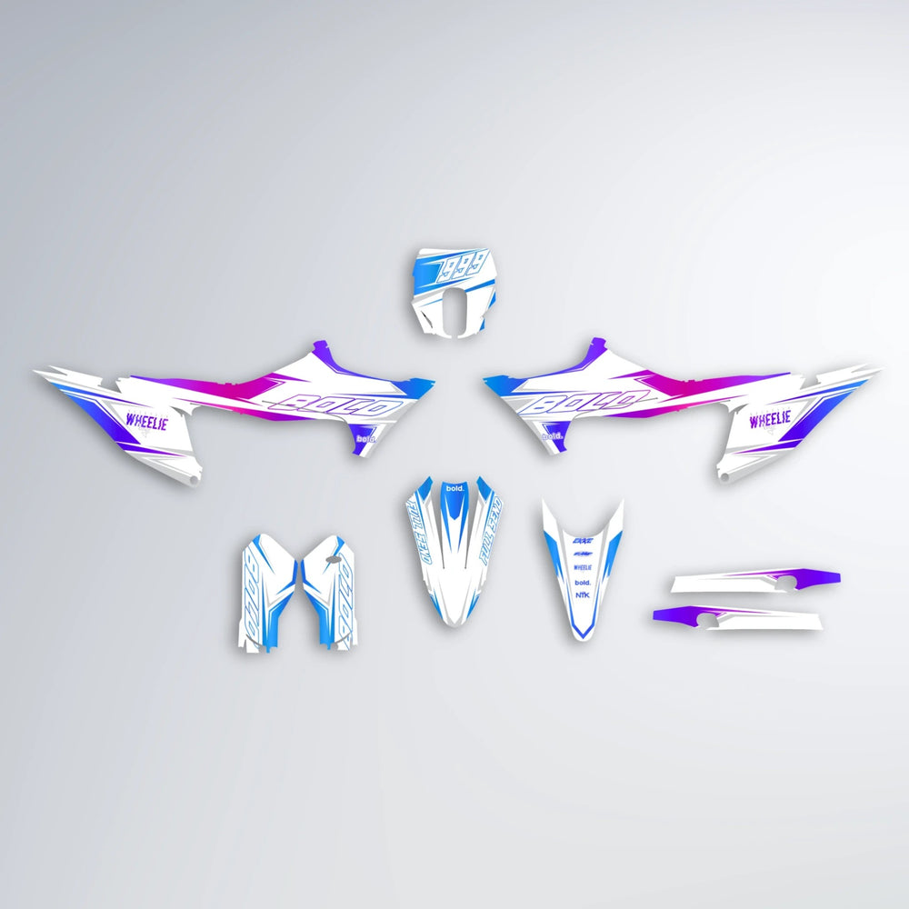EVO Stark Varg MX graphics kit parts layout in Blue Purple Fade