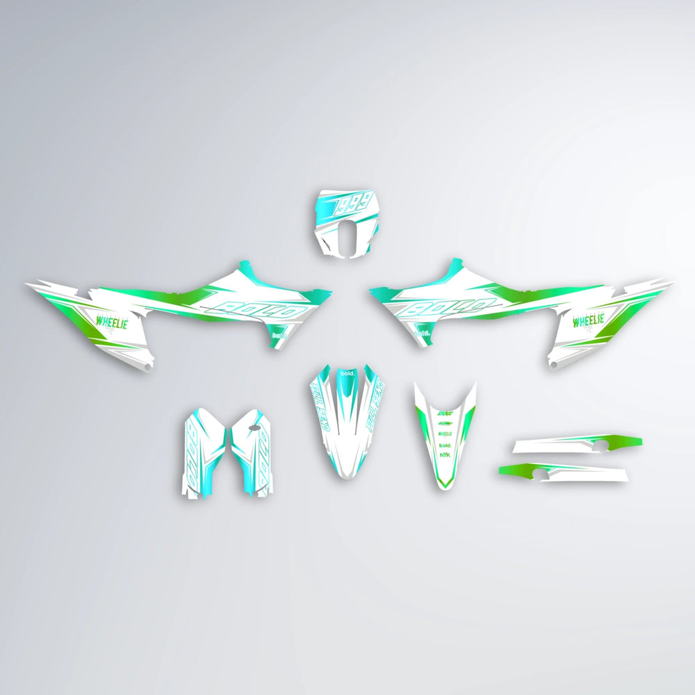 EVO Stark Varg MX graphics kit parts layout in Cyan & Green