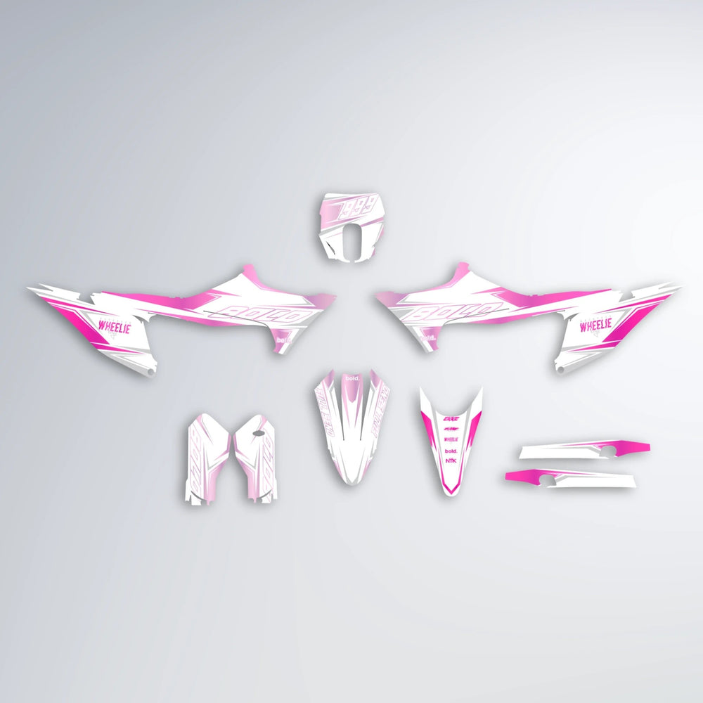 EVO Stark Varg MX graphics kit parts layout in Flamingo