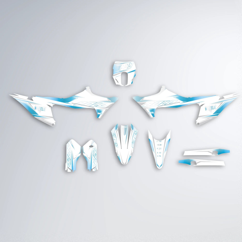 EVO Stark Varg MX graphics kit parts layout in Light Blue & White