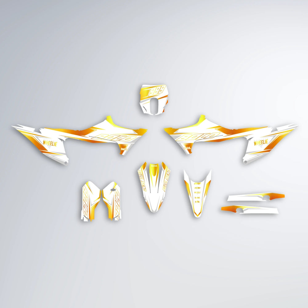 EVO Stark Varg MX graphics kit parts layout in Orange & Yellow