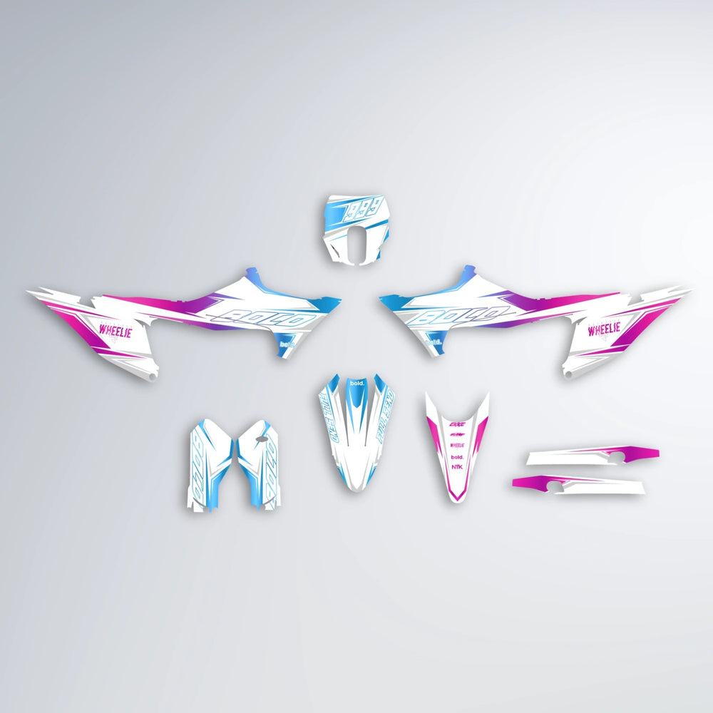EVO Stark Varg MX graphics kit parts layout in Pink & Light Blue