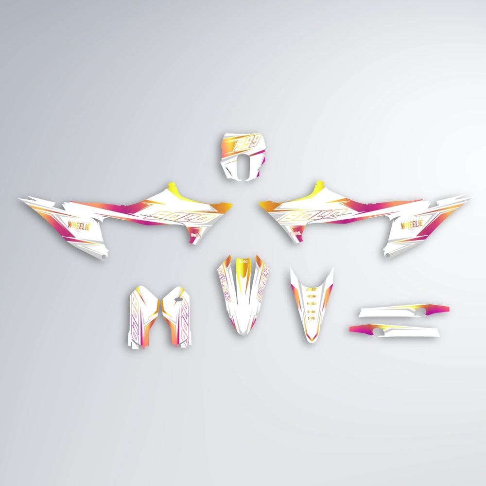 EVO Stark Varg MX graphics kit parts layout in Pink & Yellow
