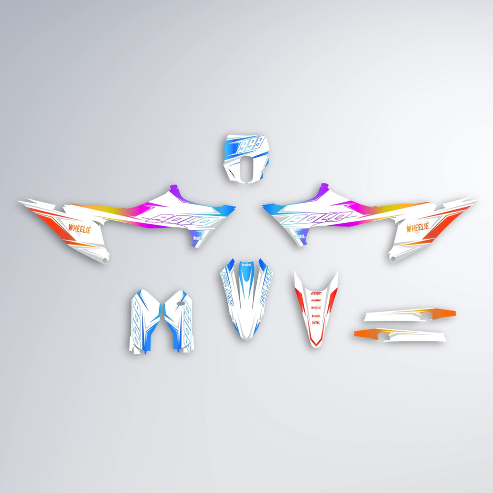 EVO Stark Varg MX graphics kit parts layout in Sunset Fade