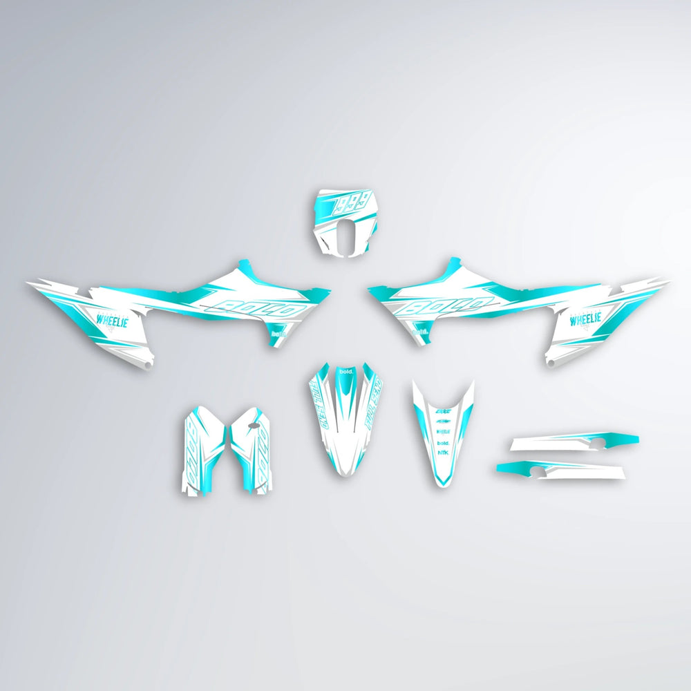 EVO Stark Varg MX graphics kit parts layout in Teal