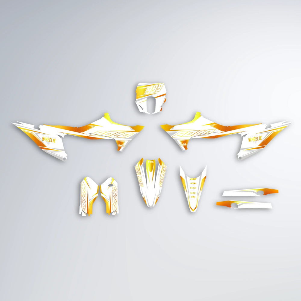 EVO Stark Varg SM graphics kit parts layout in Orange & Yellow