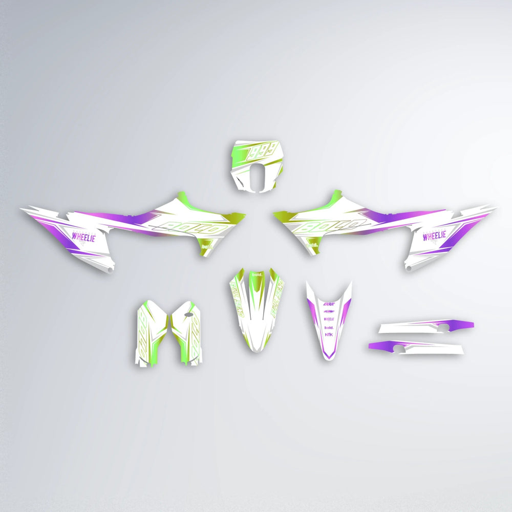 EVO Stark Varg SM graphics kit parts layout in Purple & Yellow