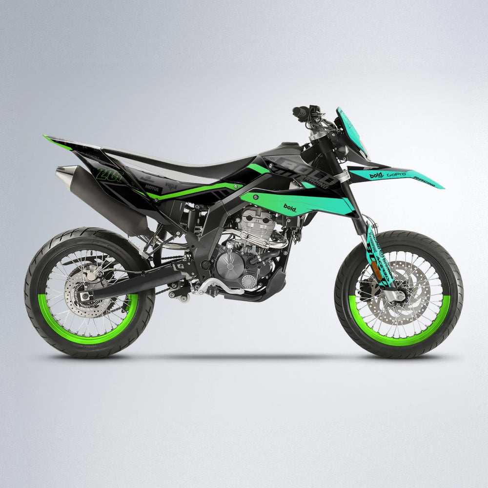 FACTORY Aprilia SX 125 supermoto graphics kit in Cyan & Green