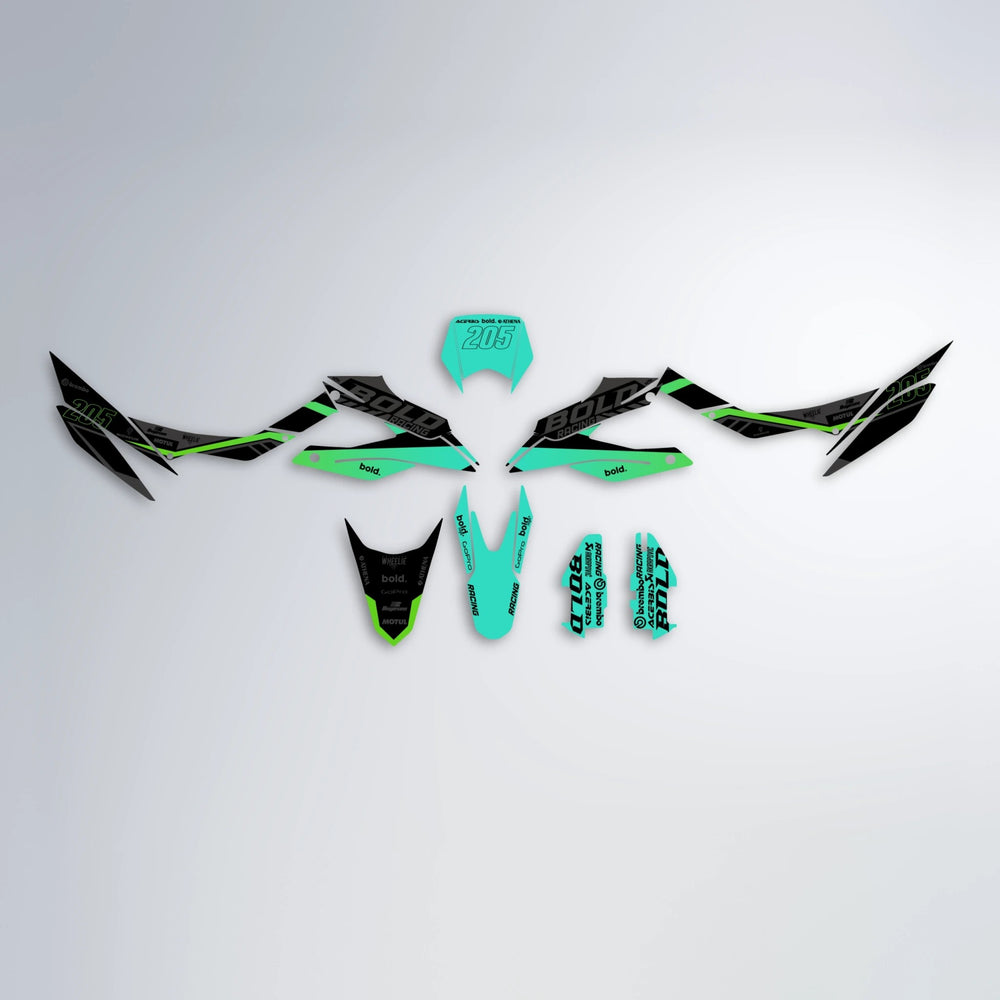 FACTORY Aprilia SX 125 graphics kit parts layout in Cyan & Green